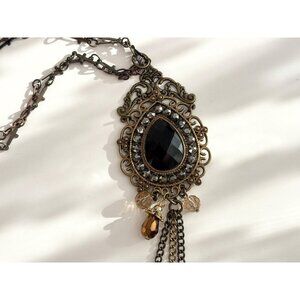 Victorian Inspired Teardrop Shaped Bronzed Faux Filigree Pendant Necklace - 18"